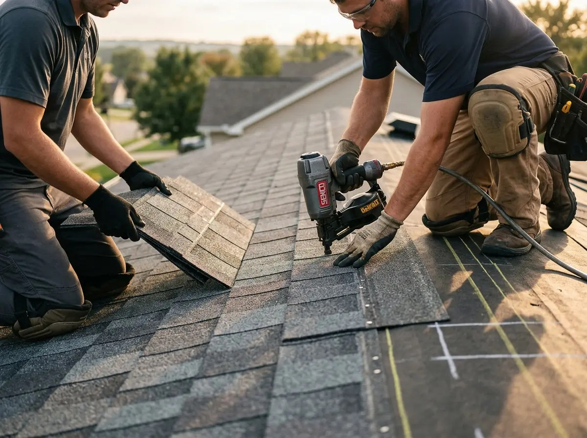 Professional roofer working on a residential roof in Geddes